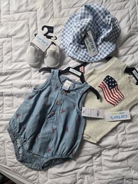 Carter's Baby Blue Gingham Sun Hat & Denim Romper Set - Blue